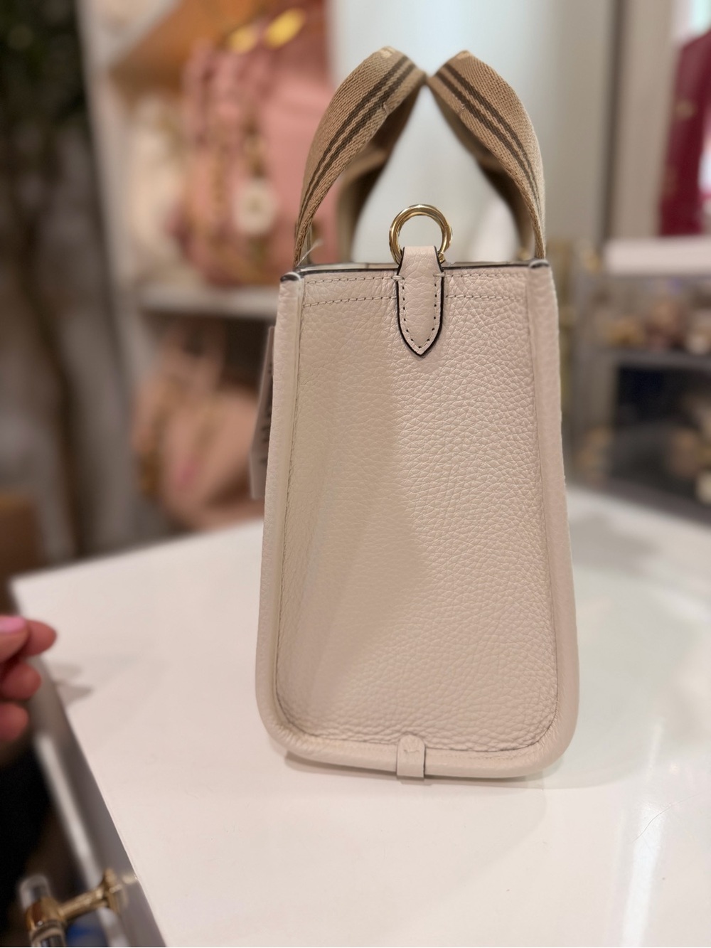 Coach Chalk and Tan Logo-Striped Pebble Leather Tote - Picture 3 of 6